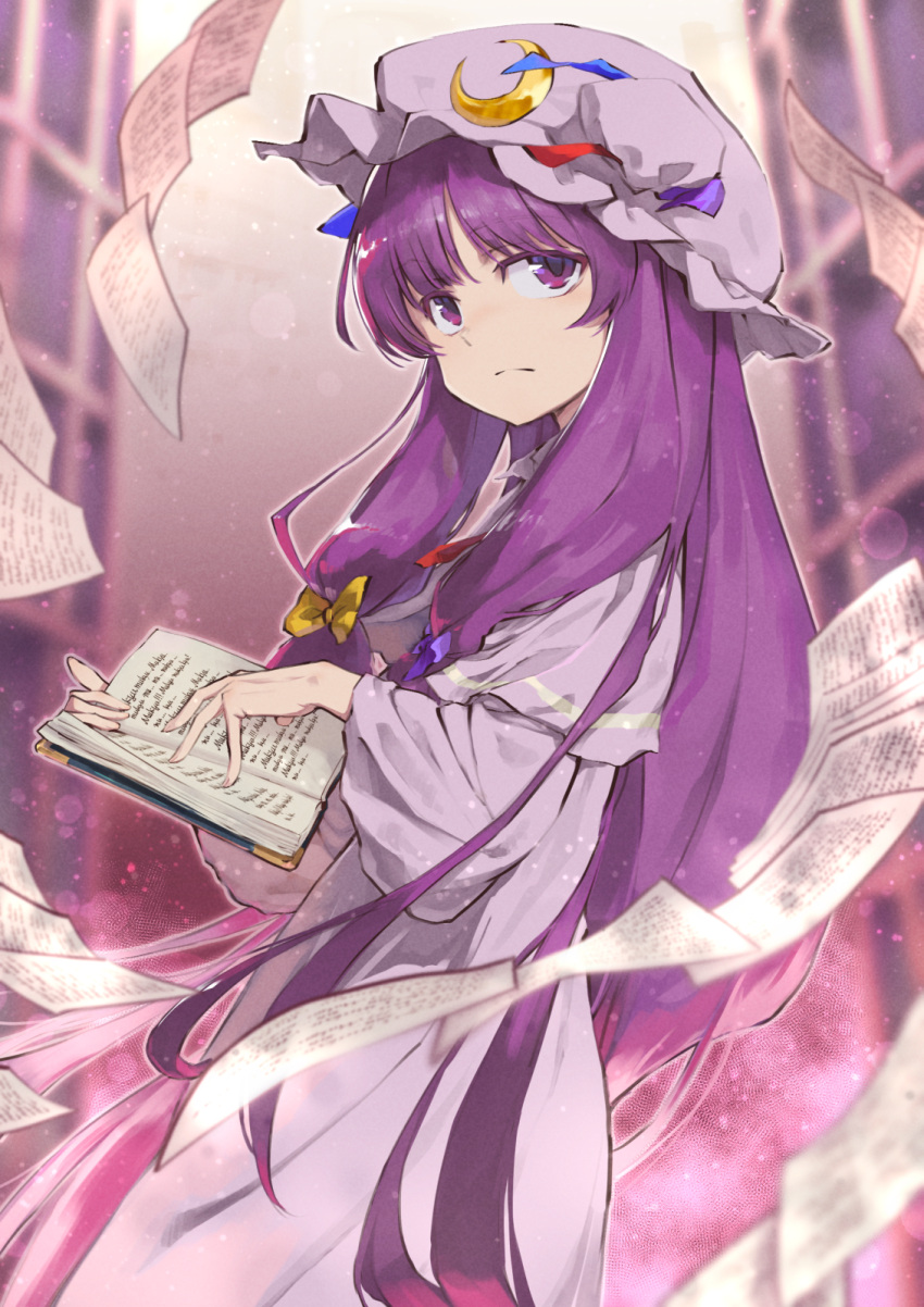 1girl blue_bow book bow closed_mouth crescent crescent_hat_ornament dress hair_bow hat hat_ornament highres long_hair long_sleeves mob_cap nekoguruma open_book paper patchouli_knowledge purple_dress purple_eyes purple_hair purple_headwear sidelocks solo touhou yellow_bow