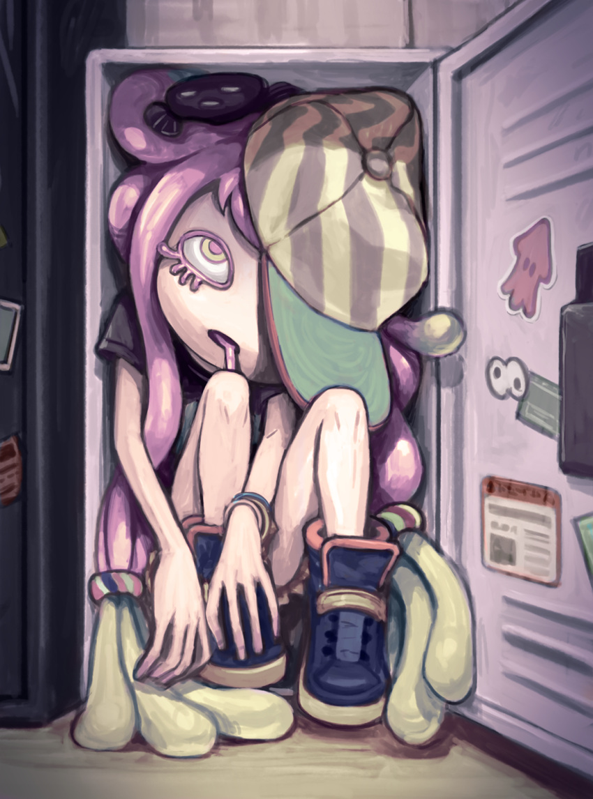 baseball_cap black_shirt blue_footwear box bracelet drooling eyelashes harmony's_clownfish_(splatoon) harmony_(splatoon) hat hat_over_one_eye highres in_box in_container in_locker jewelry locker mouth_drool open_mouth pink_hair sakkan shirt splatoon_(series) t-shirt tentacle_hair