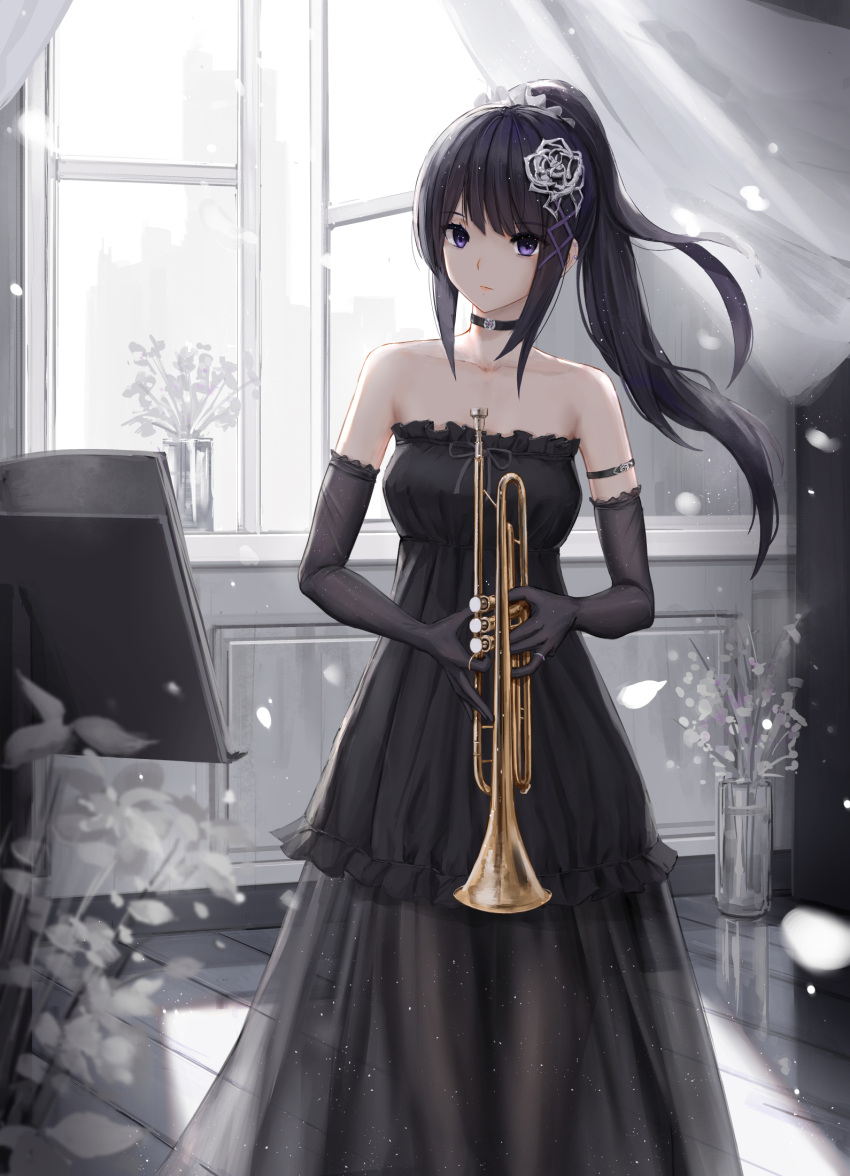 1girl arm_strap bare_shoulders black_choker black_dress breasts choker closed_mouth curtains dress elbow_gloves falling_petals floating_hair flower gloves hair_ornament hibike!_euphonium high_ponytail highres holding holding_instrument indoors instrument kousaka_reina long_hair looking_at_viewer music_stand off-shoulder_dress off_shoulder open_window petals ponytail purple_eyes solo trumpet vase white_flower window yuzuriha_(atelier_liang)