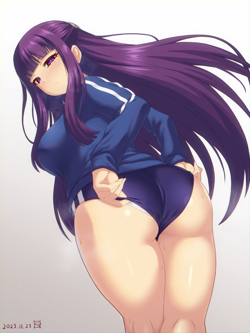 1girl alternate_costume ass blue_buruma blue_jacket blush breasts buruma closed_mouth commentary_request dated fern_(sousou_no_frieren) from_behind gradient_background grey_background guriguri_(arayotto4351) gym_uniform hair_ornament highres jacket large_breasts long_sleeves looking_at_viewer looking_back panties purple_eyes purple_hair sidelocks simple_background sousou_no_frieren thighs underwear white_panties