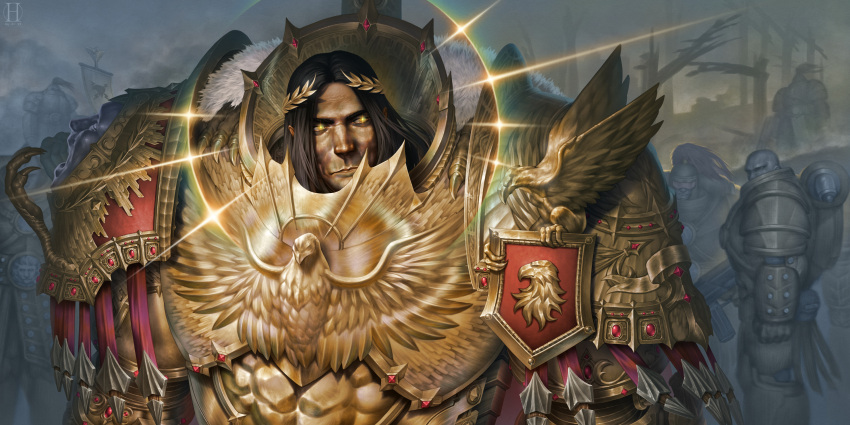 6+boys absurdres armor banner breastplate commentary emperor_of_mankind english_commentary full_armor gem glowing glowing_eyes gold_armor golden_eyes gorget halo highres hinchel_or laurel_crown laurels long_hair looking_at_viewer multiple_boys ornate ornate_armor pauldrons power_armor red_gemstone shoulder_armor talons thunder_warriors vambraces warhammer_40k