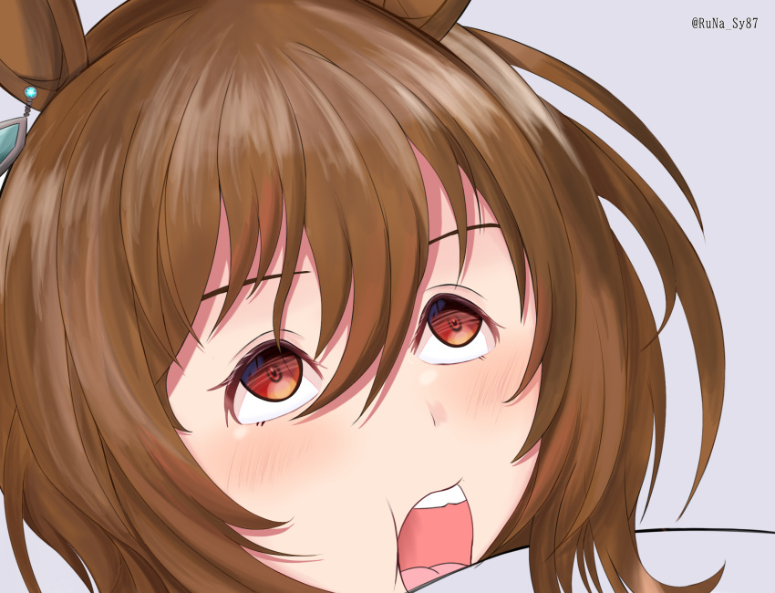 1girl agnes_tachyon_(umamusume) blush brown_eyes brown_hair chargeman_ken! commentary_request grey_background hair_between_eyes head_only highres horse_girl long_bangs looking_up meme open_mouth parody sakaki_yana short_hair simple_background solo teeth twitter_username umamusume upper_teeth_only