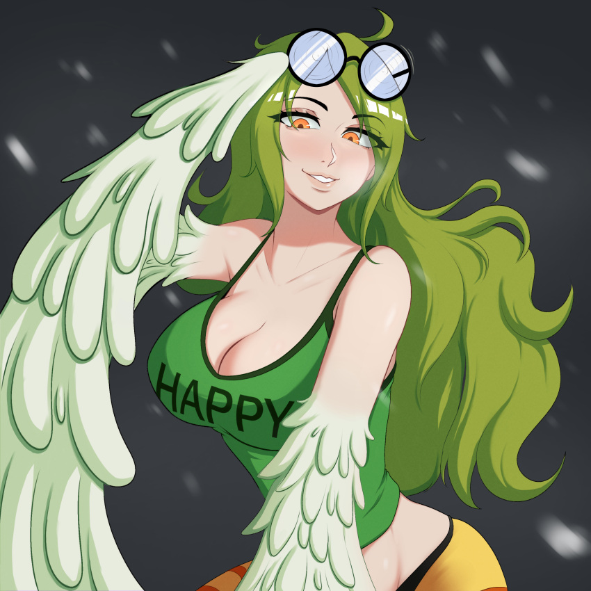 1girl absurdres adjusting_eyewear breasts cleavage clothes_writing coke-bottle_glasses commentary crop_top english_commentary feathered_wings feathers glasses green_feathers green_hair green_tank_top harpy highres kryokenn large_breasts long_hair looking_at_viewer midriff monet_(one_piece) monster_girl one_piece parted_lips smile solo tank_top winged_arms wings yellow_eyes