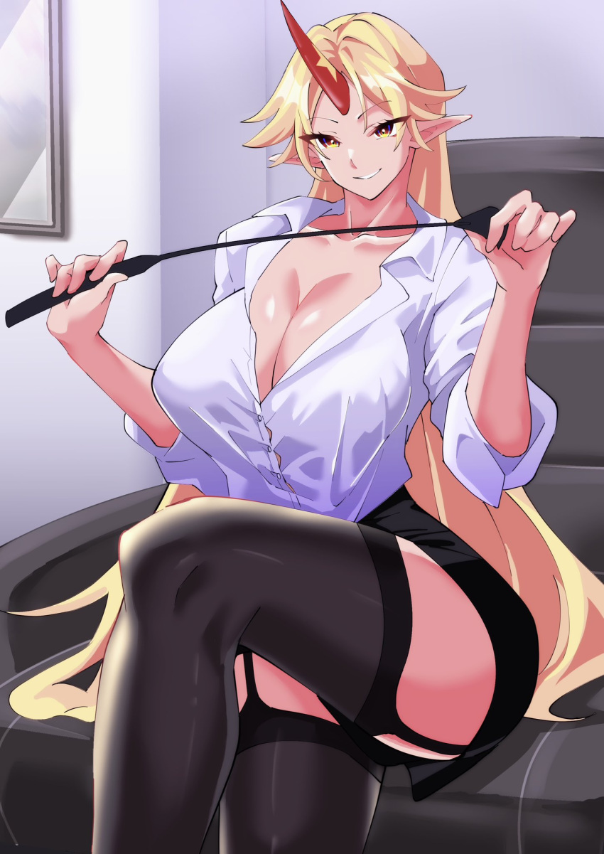 1girl black_garter_straps black_skirt black_thighhighs blonde_hair breasts cleavage collared_shirt commentary_request cowboy_shot crossed_legs fugaku_(miko_no_miyatsuguchi) garter_straps highres holding_riding_crop horns hoshiguma_yuugi huge_breasts indoors long_hair looking_at_viewer office_lady oni oni_horns pencil_skirt picture_frame pointy_ears red_horns riding_crop shirt single_horn sitting skirt sleeves_rolled_up smile solo star_(symbol) thighhighs touhou very_long_hair white_shirt
