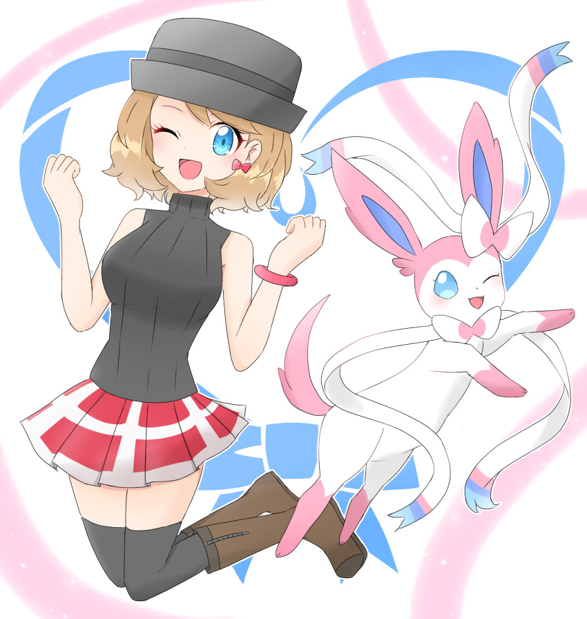 1girl ;d bare_shoulders black_headwear black_shirt blonde_hair blue_eyes boots brown_footwear full_body hat highres looking_at_viewer one_eye_closed open_mouth pokemon pokemon_(anime) pokemon_(creature) pokemon_journeys sakura_enma serena_(pokemon) shirt short_hair skirt sleeveless sleeveless_shirt smile sylveon turtleneck