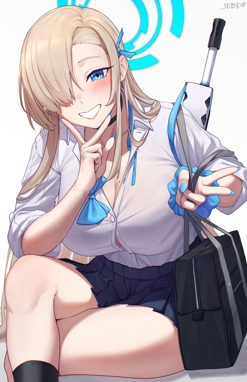 1girl aqua_nails asuna_(blue_archive) bag blonde_hair blue_archive blue_eyes blue_nails blue_skirt blush breasts button_gap cleavage fingernails grin gun gun_on_back hair_over_one_eye halo highres jebi large_breasts leaning_forward long_fingernails looking_at_viewer miniskirt mole mole_on_breast pleated_skirt school_uniform skirt smile solo weapon weapon_on_back