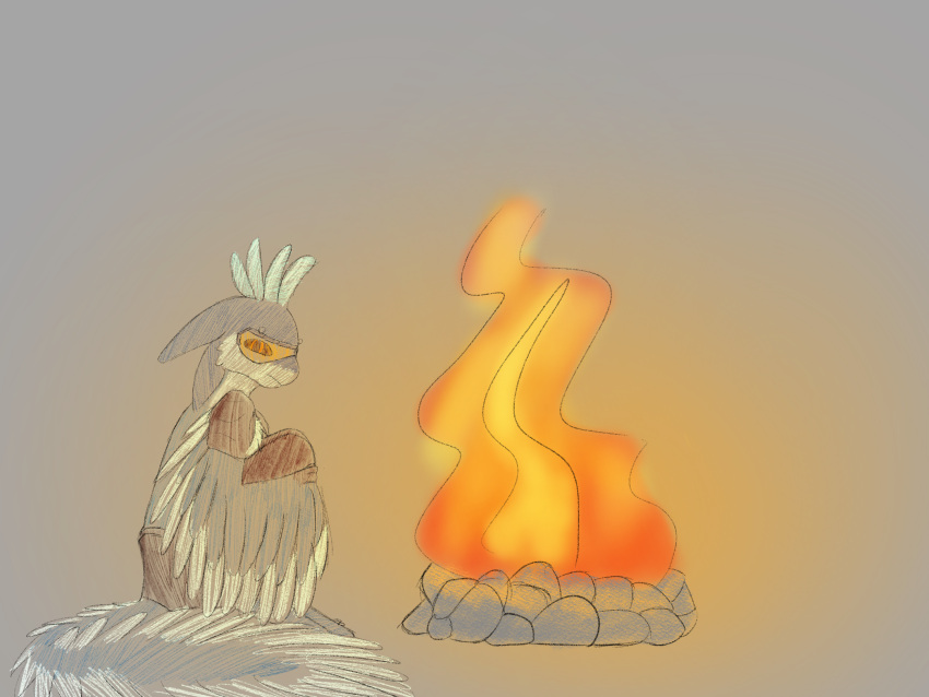 4_ears anthro avali avian biped blue_body blue_feathers bottomwear campfire claws clothed clothing coookicat feathers fire hi_res looking_at_viewer male mohawk multi_ear pants poncho rogue_the_avali simple_background sitting solo tail_feathers white_body white_feathers winged_arms wings