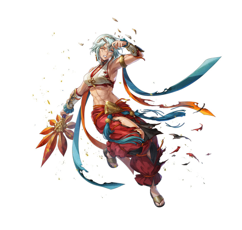 1girl abs armlet breasts cleavage dagr_(fire_emblem) dagr_(winds_offered)_(fire_emblem) damaged fire_emblem fire_emblem_heroes grey_hair hand_fan medium_breasts midriff muscular muscular_female non-web_source official_alternate_costume official_art paper_fan sandals solo tassel tiara torn uchiwa white_background