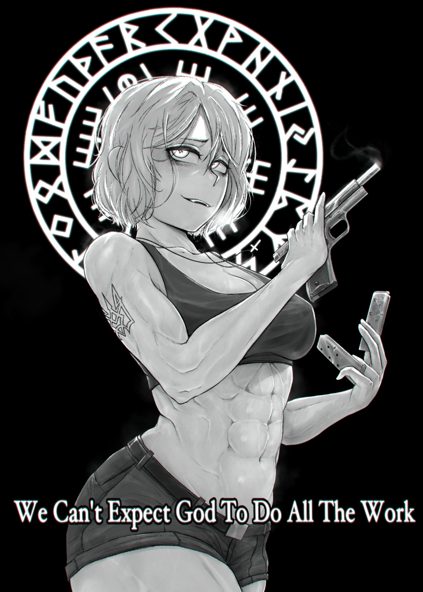 1girl abs arm_tattoo averting_eyes bags_under_eyes bare_arms belt belt_buckle breasts buckle circle cleavage collarbone commentary cowboy_shot cross cross_necklace dark_background english_text glowing glowing_eyes greyscale gun hair_between_eyes handgun highres holding holding_gun holding_magazine_(weapon) holding_weapon jewelry large_breasts latin_cross locked_slide m1911 magazine_(weapon) marichka monochrome navel necklace original parted_lips runes sanpaku short_hair short_shorts shorts sideways_glance smoke smoking_gun solo sports_bra stomach tattoo teeth tonka_kryga tryzub upper_teeth_only weapon