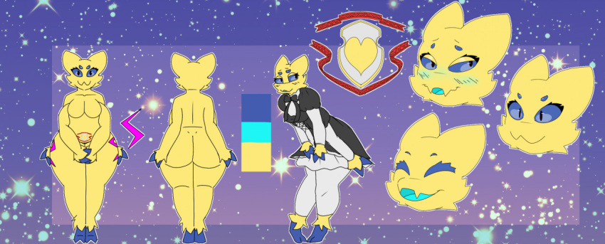 4_arms 4_eyes akumakanji anthro big_butt black_eyes blue_sclera blush blush_lines breasts butt cheek_tuft clothed clothing eyelashes eyes_closed facial_tuft fan_character fangs featureless_breasts female front_view fur generation_5_pokemon huge_butt joltik maid_uniform model_sheet multi_arm multi_eye multi_limb nintendo nude open_mouth pokemon pokemon_(species) purple_background rear_view short_stack simple_background solo teeth thick_thighs tuft uniform wide_hips womb_tattoo yellow_body yellow_fur