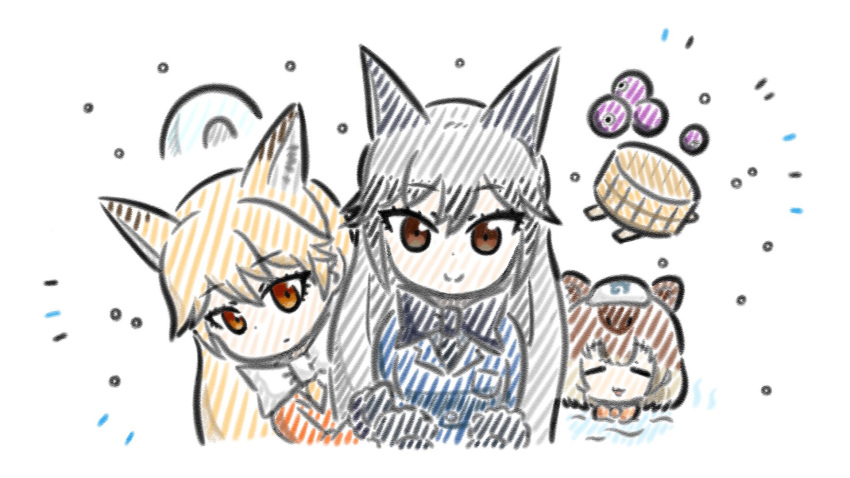 3girls animal_ear_fluff animal_ears appleq black_bow black_hair blonde_hair blue_jacket bow brown_eyes brown_hair capybara_(kemono_friends) capybara_ears closed_mouth commentary_request ezo_red_fox_(kemono_friends) fox_ears grey_hair hair_between_eyes highres jacket kemono_friends long_hair multicolored_hair multiple_girls orange_jacket peeking_out silver_fox_(kemono_friends) smile towel towel_on_head two-tone_hair very_long_hair water white_background white_bow