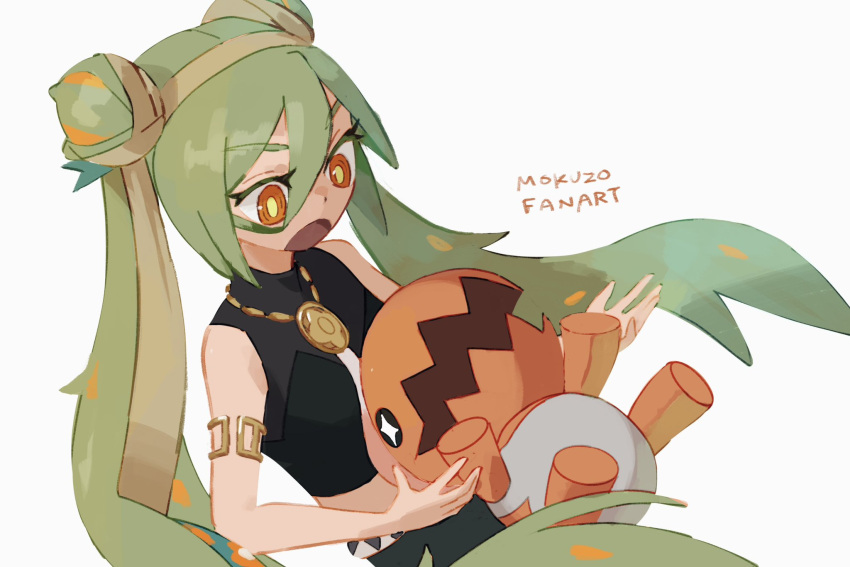 1girl black_shirt crop_top double_bun green_hair ground_miku_(project_voltage) hair_between_eyes hair_bun hatsune_miku highres jewelry long_hair mokuzou_(moku_ssbu) open_mouth orange_eyes pendant pokemon pokemon_(creature) project_voltage shirt trapinch twintails very_long_hair vocaloid white_background