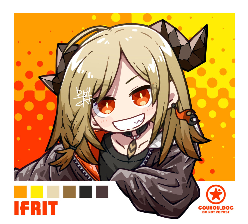 1girl ahoge alternate_hairstyle arknights artist_name black_collar black_jacket black_shirt blonde_hair character_name collar demon_horns dog-san feather_collar fire_earrings grin highres horns ifrit_(arknights) jacket long_hair looking_at_viewer open_clothes open_jacket orange_eyes shirt simple_background smile solo