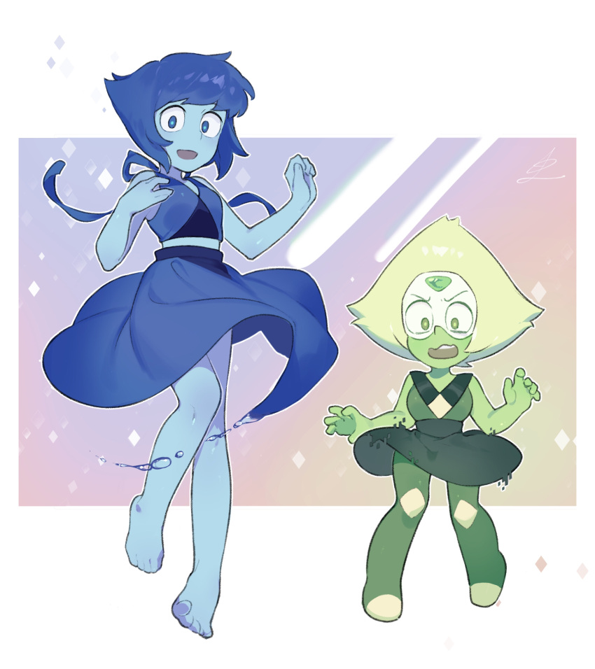 2girls bare_legs barefoot blue_eyes blue_skin blue_skirt border colored_skin crop_top forehead_jewel green_eyes green_hair green_skin hatoridayou highres lapis_lazuli_(steven_universe) looking_at_viewer mixed-language_commentary multiple_girls peridot_(steven_universe) short_hair skirt sleeveless smile steven_universe wavy_mouth white_border