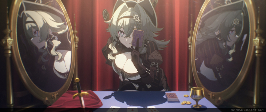 1girl breasts card chinese_commentary cleavage closed_mouth coin cup curtains dagger hair_between_eyes hat highres holding holding_card honkai_(series) honkai_impact_3rd knife large_breasts long_hair looking_at_viewer magic_trick magician mirror multiple_persona official_art official_wallpaper smile solo table vill-v weapon
