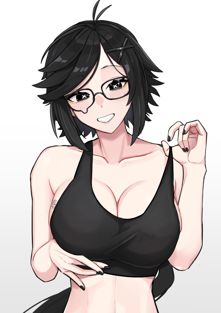 1girl absurdres antenna_hair black-framed_eyewear black_hair black_nails black_tank_top breasts bright_pupils cleavage collarbone crop_top glasses gradient_background hair_ornament highres kuon_bb long_hair original smile solo swept_bangs symbol-shaped_pupils tank_top teardrop-framed_glasses teeth uni_(unexistarts) upper_body white_pupils x-shaped_pupils x_hair_ornament