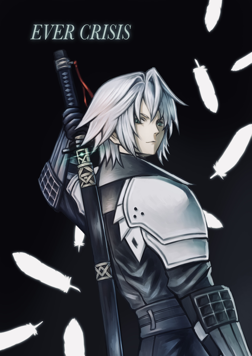 1boy absurdres aged_down armor black_background black_gloves black_jacket closed_mouth commentary_request english_text falling_feathers feathers final_fantasy final_fantasy_vii final_fantasy_vii_ever_crisis glint gloves green_eyes grey_hair hand_up highres holding holding_sword holding_weapon jacket katana looking_at_viewer looking_back male_focus sephiroth short_hair shoulder_armor solo sword upper_body weapon white_feathers zupakyo