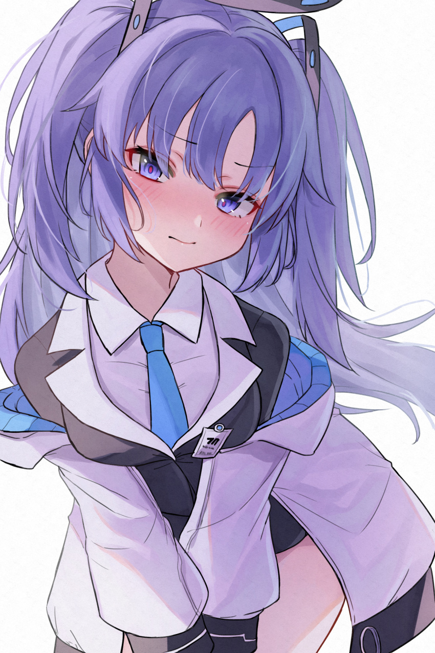 1girl absurdres blue_archive blue_eyes blue_hair blue_necktie blush breasts closed_mouth collared_shirt cowboy_shot halo highres id_card jacket katsukare large_breasts long_hair long_sleeves looking_at_viewer mechanical_halo name_tag necktie purple_eyes purple_hair school_uniform shirt simple_background solo suit two-sided_fabric two-sided_jacket white_background white_shirt yuuka_(blue_archive)