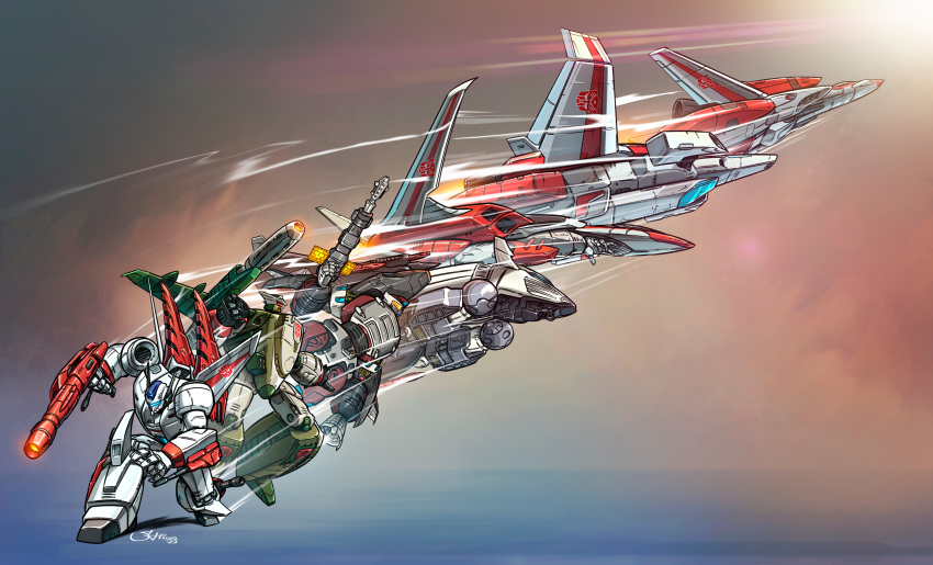2023 absurdres autobot beam_rifle canards crossover dated emblem energy_gun english_commentary gunpod highres jetfire jetstormsifuentes macross mecha no_humans ray_gun robot roundel science_fiction signature transformation transformers variable_fighter variations vf-1 vf-1_super weapon