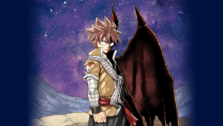 1boy belt clenched_hand closed_mouth demon_wings dragon_boy dragon_horns fairy_tail half-human highres horns male_focus mashima_hiro natsu_dragneel night night_sky red_belt red_eyes red_hair scales scarf serious shoulder_tattoo single_wing sky solo spiked_hair standing star_(sky) starry_sky striped striped_scarf tattoo white_scarf wings