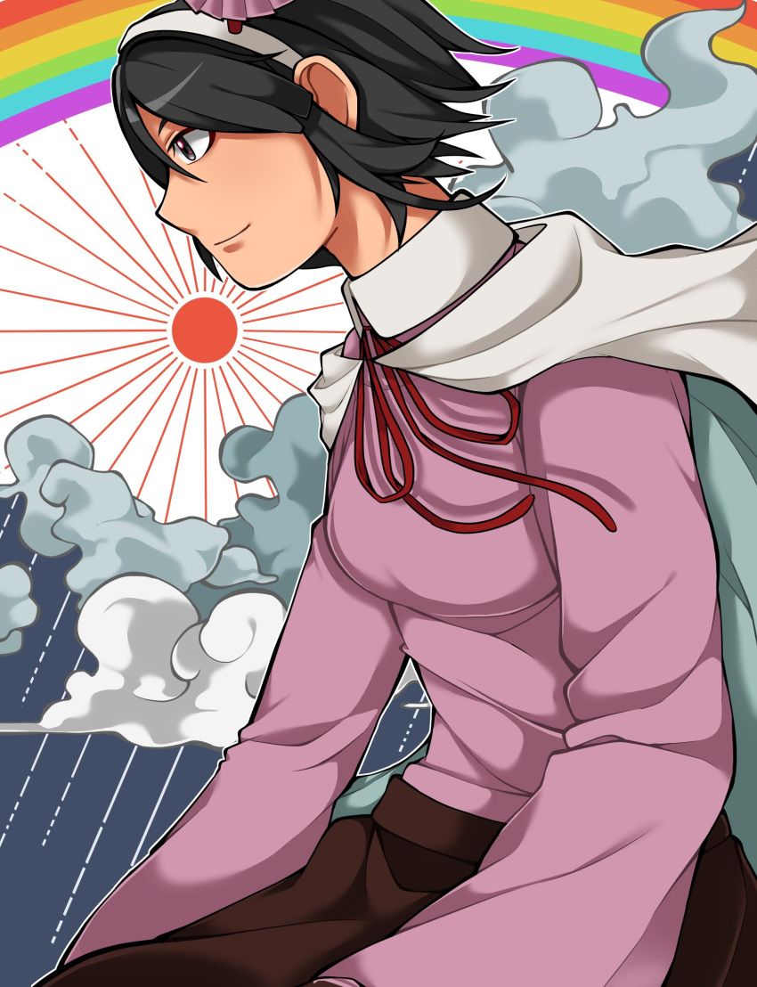 1jumangoku 1other amanomiya_jun androgynous black_hair blue_background bow bowtie brown_skirt cape closed_mouth cloud commentary_request grey_eyes hairband highres japanese_clothes len'en long_sleeves looking_to_the_side pink_shirt rain rainbow red_bow red_bowtie shirt short_hair skirt smile sun two-tone_background umbrella_hair_ornament white_background white_cape white_hairband wide_sleeves
