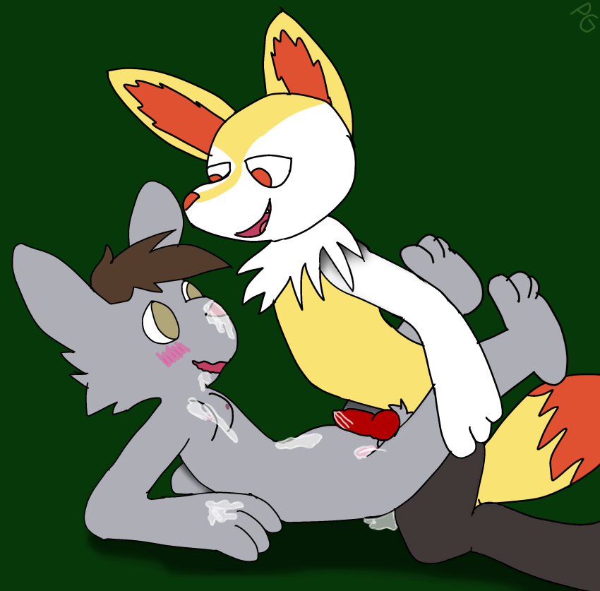 absurd_res after_sex anthro black_body black_fur blush bodily_fluids braixen breasts brown_hair cum cum_on_belly cum_on_body cum_on_breasts cum_on_face cum_on_ground cum_on_hand cum_on_pussy domestic_cat duo excessive_cum excessive_genital_fluids eye_contact felid feline felis female from_front_position fur generation_6_pokemon genital_fluids genitals green_background grey_body grey_fur hair hi_res holding_legs_up leaning leaning_forward looking_at_another lying male male/female mammal missionary_position nintendo nipples on_back open_mouth penis pokemon pokemon_(species) popcicle_goat_(artist) pussy red_eyes red_nose sex shadow simple_background tail tan_eyes tiberius_magnus white_body white_fur yellow_body yellow_fur