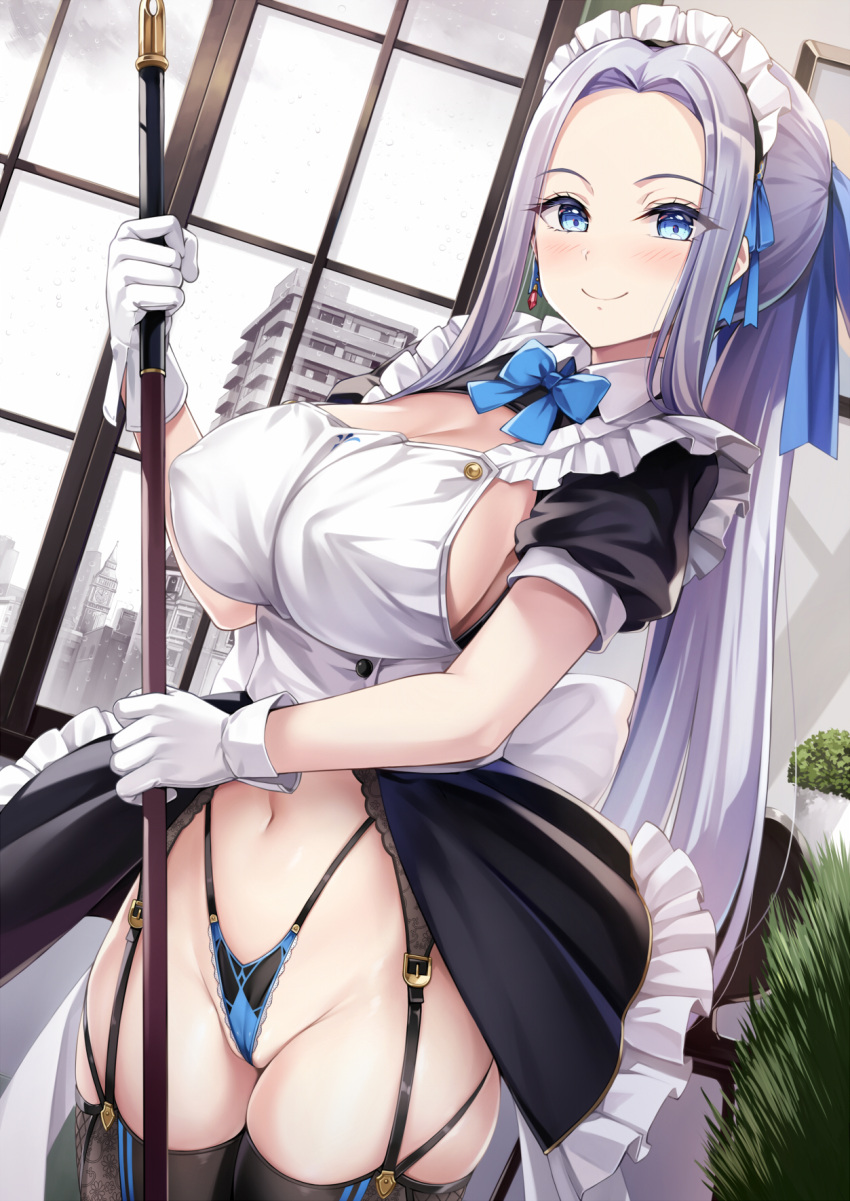1girl apron black_garter_straps black_panties black_skirt black_thighhighs blue_bow blue_bowtie blue_eyes blue_panties blue_ribbon blush bow bowtie breasts closed_mouth commentary_request covered_nipples earrings frilled_skirt frills garter_straps gloves grey_hair hair_ribbon highleg highleg_panties highres holding indoors jewelry large_breasts long_hair looking_at_viewer maid maid_headdress navel no_bra original panties plant ponytail potted_plant ribbon showgirl_skirt skirt smile solo thighhighs two-tone_panties underwear very_long_hair white_apron white_gloves window yokaze_japan