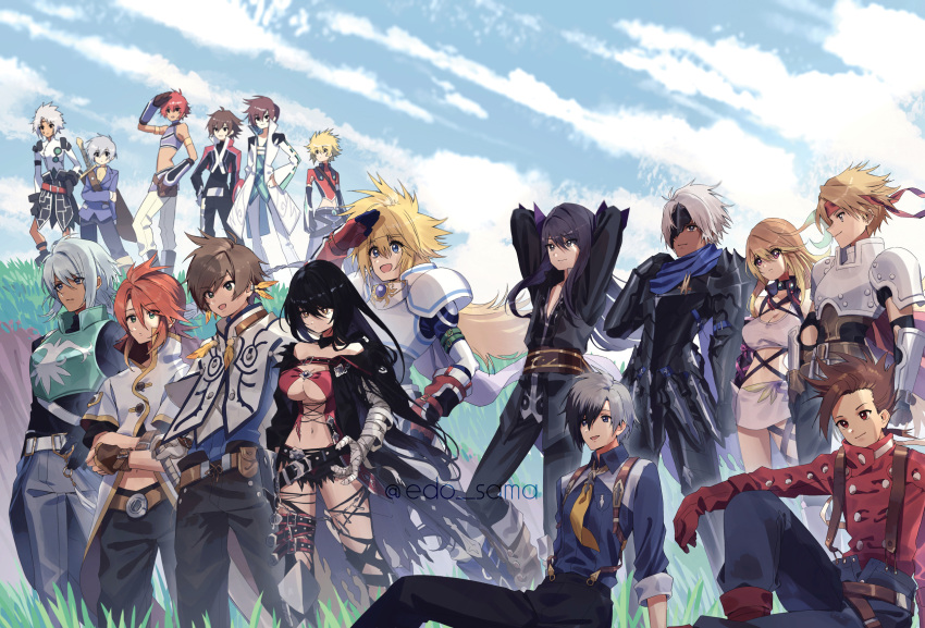 2girls 6+boys ahoge alphen_(tales) armor arms_behind_head asbel_lhant bandaged_arm bandages black_choker black_eyes black_hair blonde_hair blue_eyes blue_hair boots braid breasts brown_eyes brown_hair cape choker cleavage coat collarbone cress_albane crossed_arms dark-skinned_male dark_skin earrings edosama_art everyone feather_earrings feathers fingerless_gloves full_body gloves gradient_hair green_eyes green_hair group_picture hair_between_eyes hands_on_own_hips headband highres jacket jewelry knee_boots kor_meteor kyle_dunamis lloyd_irving long_hair ludger_will_kresnik luke_fon_fabre mask medium_breasts midriff milla_maxwell multicolored_hair multiple_boys multiple_girls navel necktie on_grass one_eye_covered open_mouth outdoors pants red_cape red_eyes red_hair red_shirt reid_hershel ruca_milda senel_coolidge shading_eyes shirt short_hair shoulder_armor sidelocks sitting skirt smile sorey_(tales) spiked_hair stahn_aileron sword tales_of_(series) tales_of_arise tales_of_berseria tales_of_destiny tales_of_destiny_2 tales_of_eternia tales_of_graces tales_of_hearts tales_of_innocence tales_of_legendia tales_of_phantasia tales_of_rebirth tales_of_symphonia tales_of_the_abyss tales_of_vesperia tales_of_xillia tales_of_xillia_2 tales_of_zestiria torn_clothes twitter_username two-tone_hair underboob veigue_lungberg velvet_crowe very_long_hair weapon white_hair yellow_eyes yuri_lowell