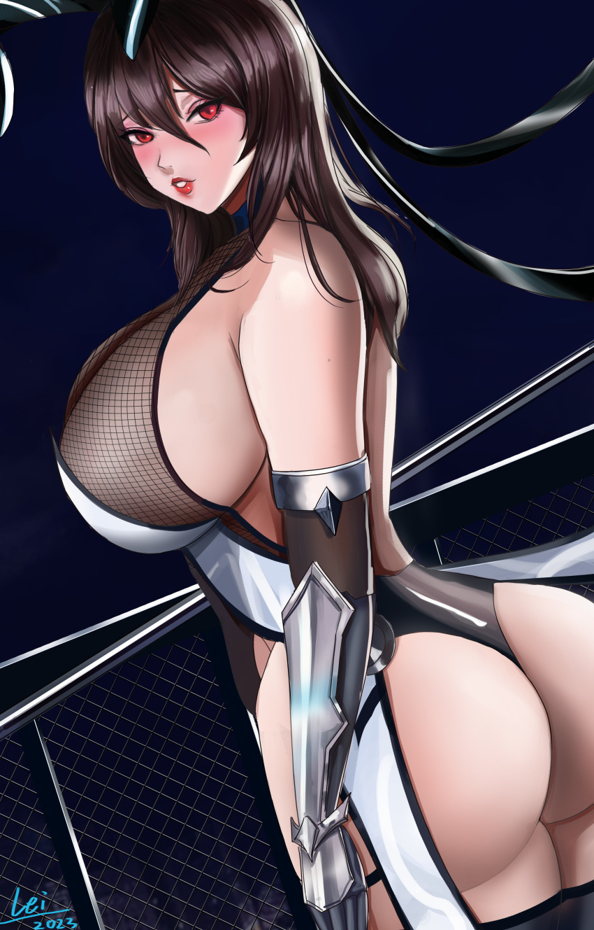 1girl 2023 absurdres armored_gloves artist_name ass bare_shoulders black_gloves black_thighhighs breasts chain-link_fence character_request chinese_commentary dutch_angle elbow_gloves fence fishnet_leotard gigantic_breasts gloves highres leier_whb long_hair looking_at_viewer looking_back mature_female night parted_lips red_eyes solo taimanin_(series) taimanin_asagi thighhighs