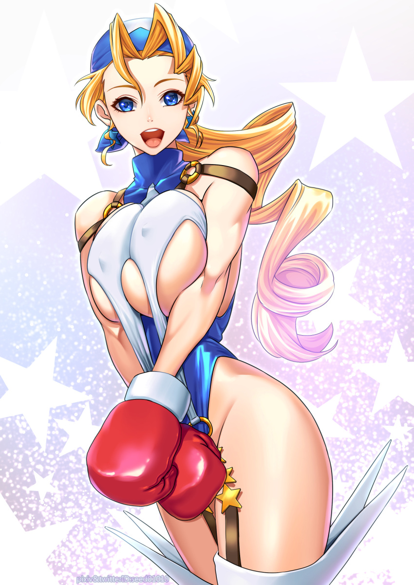 1girl :d bandana blonde_hair blue_bandana blue_eyes blue_leotard boxing_gloves breasts breasts_squeezed_together buckle covered_nipples cowboy_shot curly_hair earrings gloves highres jewelry justice_gakuen large_breasts legs_together leotard long_hair looking_at_viewer o-ring open_mouth parted_bangs purple_background red_gloves seed01010 shiny_skin smile solo standing star_(symbol) starry_background thighhighs thighs tiffany_lords underboob white_thighhighs