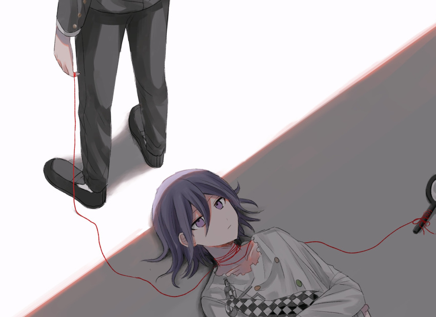 2boys black_footwear black_jacket black_pants buttons checkered_clothes checkered_scarf closed_mouth collarbone danganronpa_(series) danganronpa_v3:_killing_harmony finger_ribbon flipped_hair grey_jacket hair_between_eyes highres jacket kasou_(roomno404_) long_sleeves lying magnifying_glass male_focus multiple_boys oma_kokichi on_back pants pink_eyes purple_hair saihara_shuichi scarf torn_clothes torn_jacket unworn_scarf