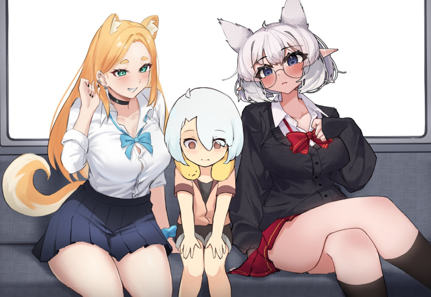 age_difference auraaa blush bow bowtie breasts cleavage fran_(gudanco_(nyanmeowzer)) glasses gudanco_(nyanmeowzer) highres large_breasts lorel_(auraaa) namiorii onee-shota original pointy_ears skirt thick_thighs thighs