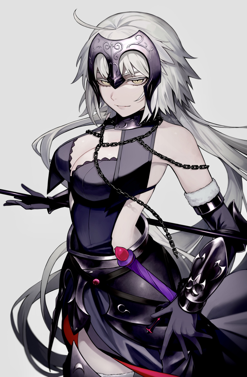 1girl absurdres armor armored_dress bare_shoulders black_dress breasts chain cleavage collar dress fate/grand_order fate_(series) faulds fur-trimmed_legwear fur_trim gauntlets grey_hair headpiece highres jeanne_d'arc_alter_(avenger)_(fate) jeanne_d'arc_alter_(avenger)_(third_ascension)_(fate) jeanne_d'arc_alter_(fate) large_breasts long_hair looking_at_viewer metal_collar polearm solo sumi_(gfgf_045) sword very_long_hair weapon yellow_eyes