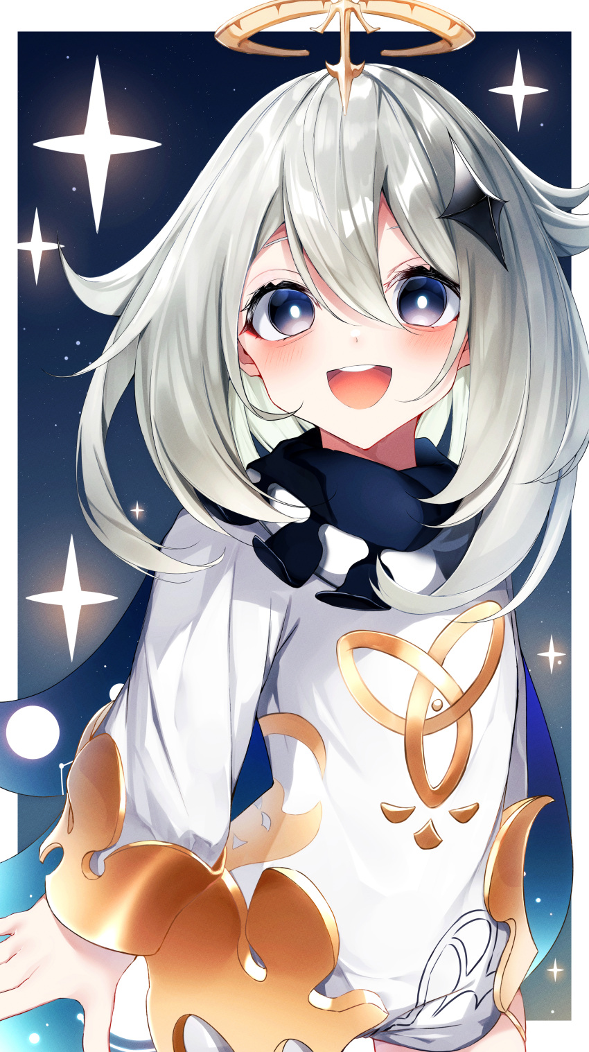 1girl :d absurdres blush commentary_request cowboy_shot dress genshin_impact grey_hair hair_between_eyes hair_ornament halo highres long_hair long_sleeves looking_at_viewer paimon_(genshin_impact) purple_eyes sleeves_past_wrists smile solo standing suisen-21 white_dress