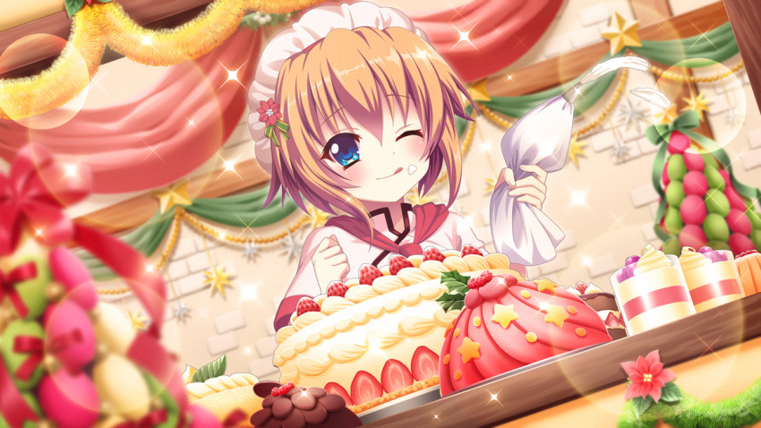 1girl baking blue_eyes brick_wall cake chocolate clenched_hand costume_request cream cream_on_face dot_nose dutch_angle film_grain flower food food_on_face food_request game_cg green_ribbon hair_between_eyes hair_ornament headdress izumi_tsubasu lens_flare licking_lips non-web_source object_request official_art one_eye_closed orange_hair pastry_bag re:stage! red_flower red_ribbon ribbon shikimiya_mana short_hair short_sleeves smile solo sparkle squeezing star_(symbol) strawberry_cake tinsel tongue tongue_out wooden_beam