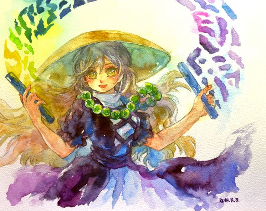 1girl bead_necklace beads blonde_hair cross-laced_clothes dress gradient_hair hijiri_byakuren jewelry large_hat layered_dress long_hair multicolored_hair necklace prayer_beads purple_hair shiroma_(mamiko) short_sleeves solo sorcerer's_sutra_scroll touhou yellow_eyes