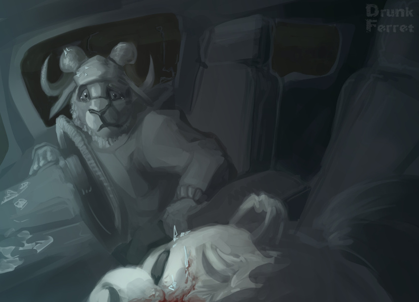 absurd_res anthro blood bodily_fluids bovid caprine car carl_hendricks chase_hunter drunk_ferret duo echo_(game) echo_(series) echo_project glass hi_res male mammal monochrome mustelid otter scared vehicle visual_novel