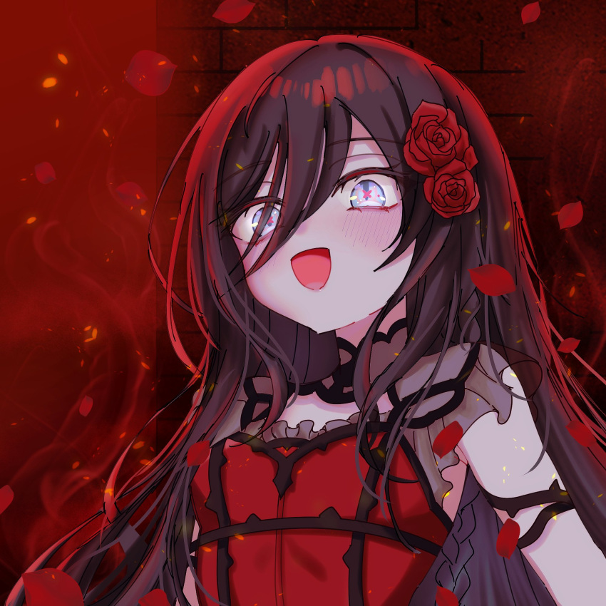 1girl 99_wds black_hair blue_eyes flower hair_between_eyes highres karasumori_daikoku long_bangs long_hair open_mouth petals pink_pupils red_flower red_rose rose rose_petals smile solo symbol-shaped_pupils world_dai_star x-shaped_pupils