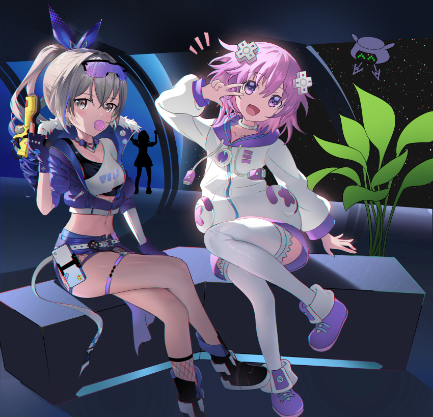 3girls absurdres areluna bare_legs black_footwear boots bubble_blowing choker commentary crop_top cropped_jacket crossed_legs crossover d-pad d-pad_hair_ornament fingerless_gloves gloves grey_eyes grey_hair hair_ornament hand_up head_tilt highres honkai:_star_rail honkai_(series) indoors jacket long_sleeves looking_at_viewer melissa_fahn midriff multiple_girls navel neptune_(neptune_series) neptune_(series) ponytail purple_eyes purple_footwear purple_gloves purple_hair purple_jacket purple_shorts shirt short_hair short_shorts short_sleeves shorts silver_wolf_(honkai:_star_rail) single-shoulder_shirt sitting stomach thigh_strap thighhighs thighs voice_actor_connection w white_choker white_jacket white_shirt white_thighhighs