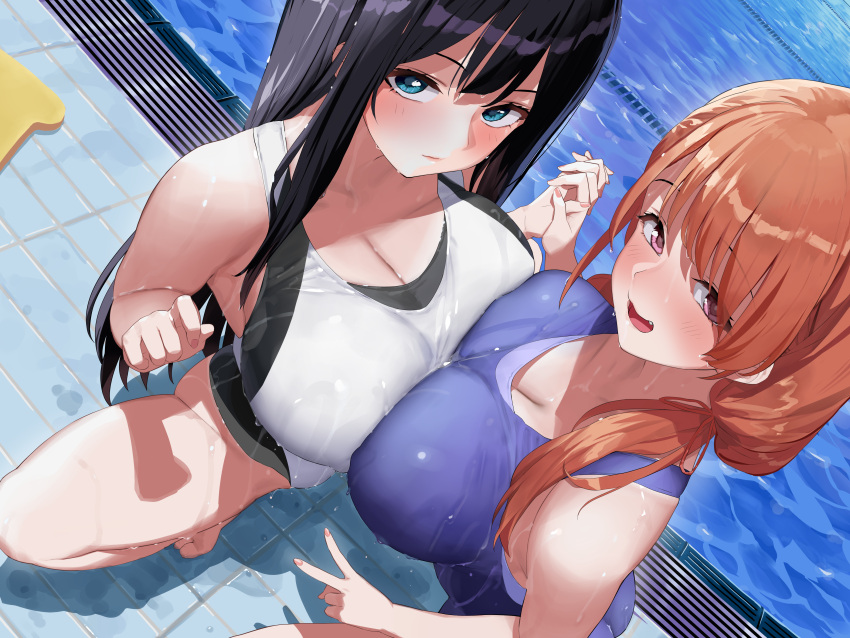 2girls absurdres black_hair blue_eyes blue_one-piece_swimsuit blush breast_press breasts brown_hair cleavage closed_mouth collarbone competition_swimsuit fang hair_over_shoulder highres interlocked_fingers kaisen_chuui kickboard large_breasts long_hair multiple_girls non-web_source one-piece_swimsuit open_mouth original pool poolside purple_eyes smile squatting swimsuit symmetrical_docking wet white_one-piece_swimsuit