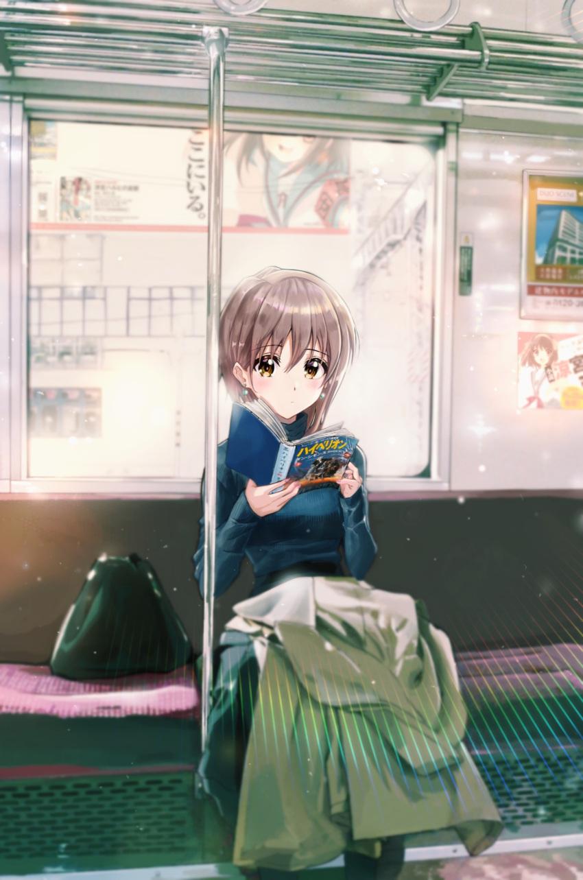 1girl bad_id bad_twitter_id bag blue_sweater blush book closed_mouth coat commentary_request earrings expressionless highres holding holding_book jewelry long_sleeves looking_at_viewer nagato_yuki poster_(object) sitting solo suzumiya_haruhi suzumiya_haruhi_no_yuuutsu sweater train_interior tsuruya unworn_coat verse white_coat