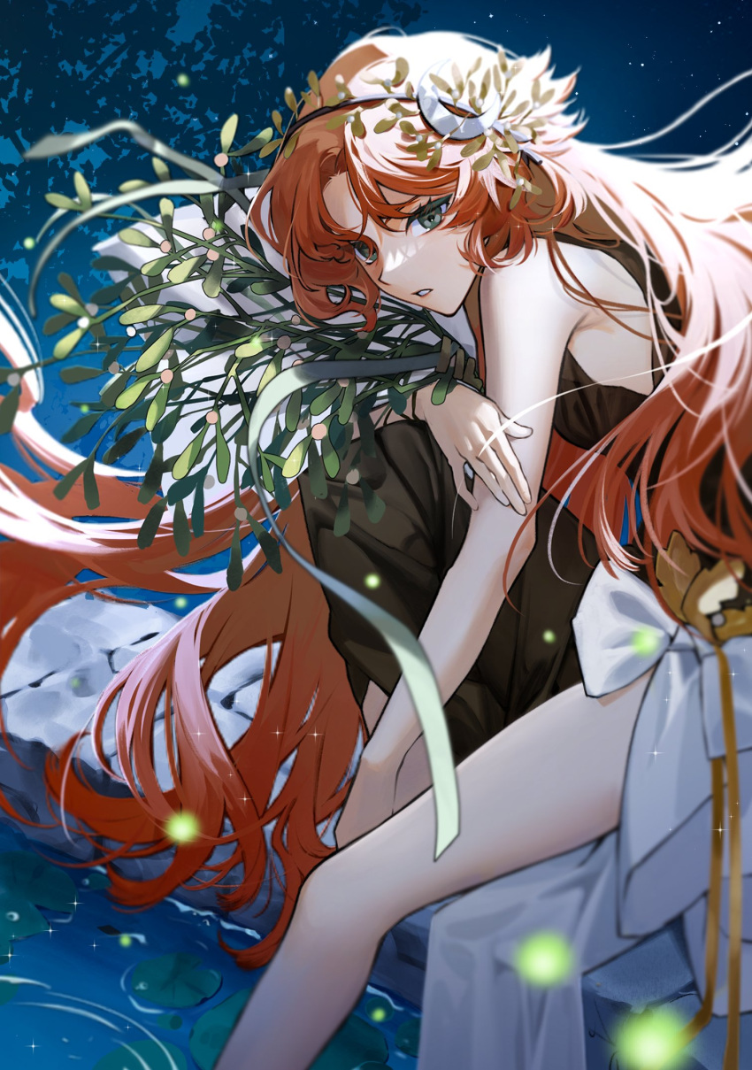 1girl bare_arms bare_legs bare_shoulders black_dress bouquet cheongdan_t crescent crescent_hair_ornament dress druvis_iii floating_hair foot_out_of_frame green_eyes hair_ornament hand_on_own_arm highres holding holding_bouquet knee_up leaf_hair_ornament light_particles lily_pad long_hair looking_at_viewer mistletoe night night_sky orange_hair parted_lips reverse:1999 sidelighting sitting sky sleeveless sleeveless_dress soaking_feet solo star_(sky) teeth very_long_hair water
