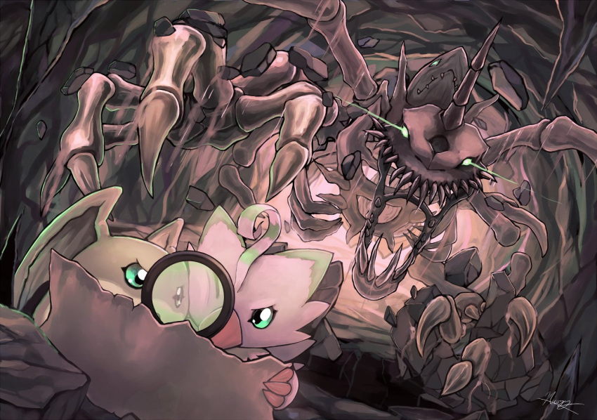 beak cave_interior digimon digimon_(creature) glowing glowing_eyes green_eyes holding holding_magnifying_glass holding_map horns looking_at_another magnifying_glass map moguru_taberu no_humans patamon piyomon skeleton skull skullgreymon wings