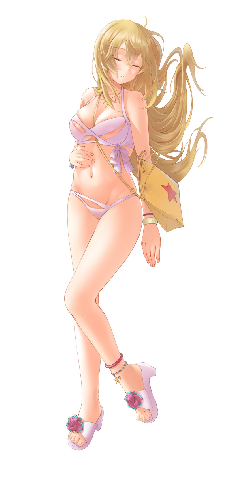 1girl absurdres anklet bag bikini blonde_hair bracelet breasts closed_eyes commission full_body hand_on_own_stomach handbag highres jewelry kanogawa_hiro large_breasts long_hair navel necklace pink_bikini sandals shokuhou_misaki sideways solo star_(symbol) star_necklace swimsuit toaru_kagaku_no_mental_out toaru_kagaku_no_railgun toaru_majutsu_no_index toes