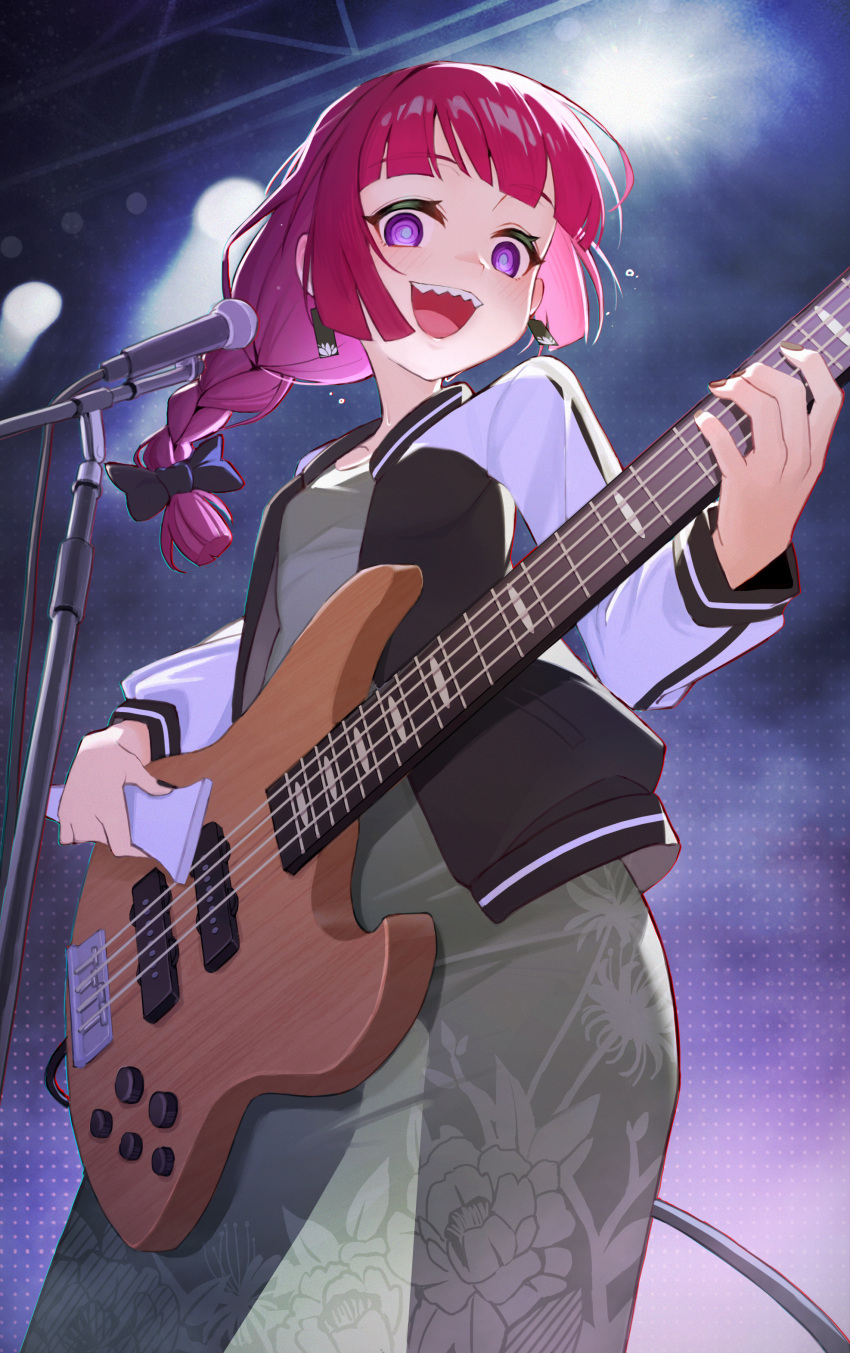 1girl :d @_@ absurdres bachi bass_guitar black_bow black_nails blunt_bangs bocchi_the_rock! bow braid breasts dress floral_print green_dress hair_bow hand_up highres hiroi_kikuri holding holding_instrument instrument jacket liangcha_jun long_hair long_sleeves looking_at_viewer microphone microphone_stand multicolored_clothes multicolored_jacket music nail_polish open_clothes open_jacket open_mouth playing_instrument plectrum purple_eyes purple_hair see-through sharp_teeth single_braid small_breasts smile solo stage_lights standing teeth two-tone_jacket