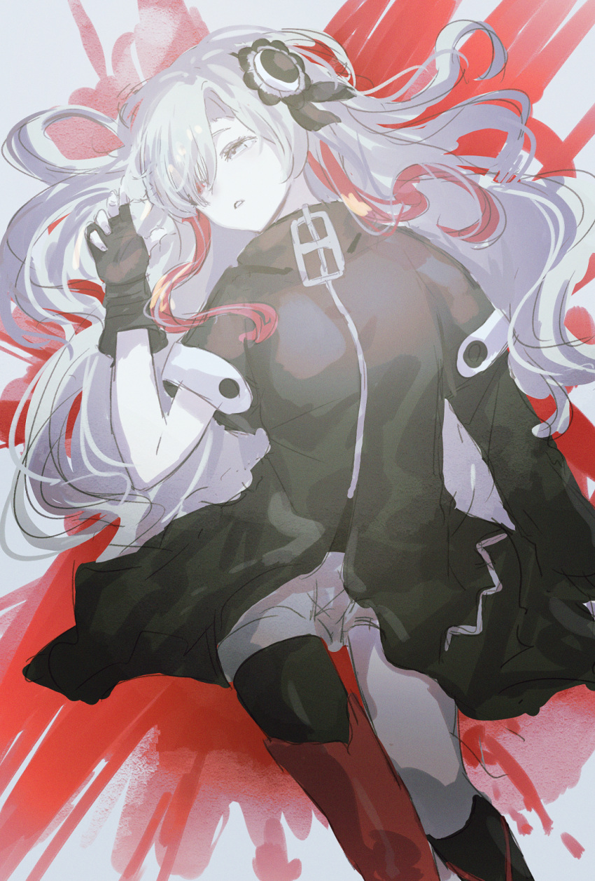 1girl asymmetrical_sleeves black_gloves black_jacket black_pantyhose boots fingerless_gloves gloves grey_background grey_eyes grey_hair hair_over_one_eye half-closed_eye hand_up highres isekai_joucho jacket kamitsubaki_studio knee_boots legwear_under_shorts long_hair long_sleeves looking_away looking_to_the_side multicolored_hair pantyhose parted_lips red_background red_footwear red_hair rice_(okome_no_naru_ki) short_shorts short_sleeves shorts single_knee_boot single_leg_pantyhose solo streaked_hair very_long_hair virtual_youtuber white_shorts