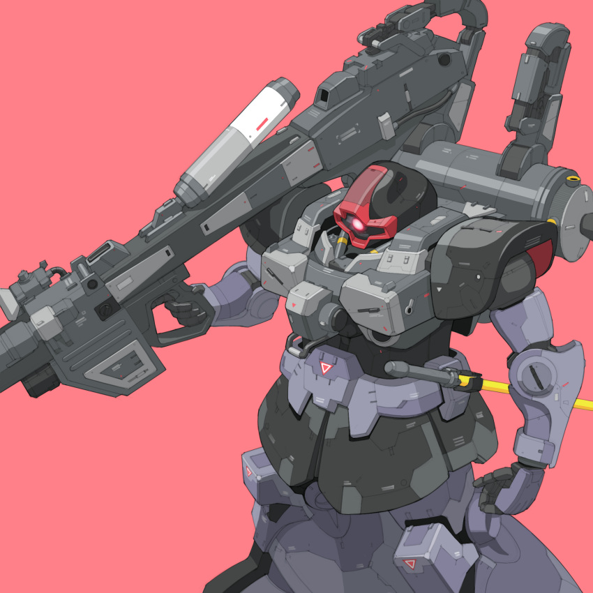 arm_at_side bazooka_(gundam) bmwsb0 feet_out_of_frame glowing glowing_eye gun gundam highres holding holding_gun holding_weapon machinery mecha mobile_suit mobile_suit_gundam no_humans one-eyed piston red_background red_eyes rick_dom robot science_fiction simple_background solo standing weapon