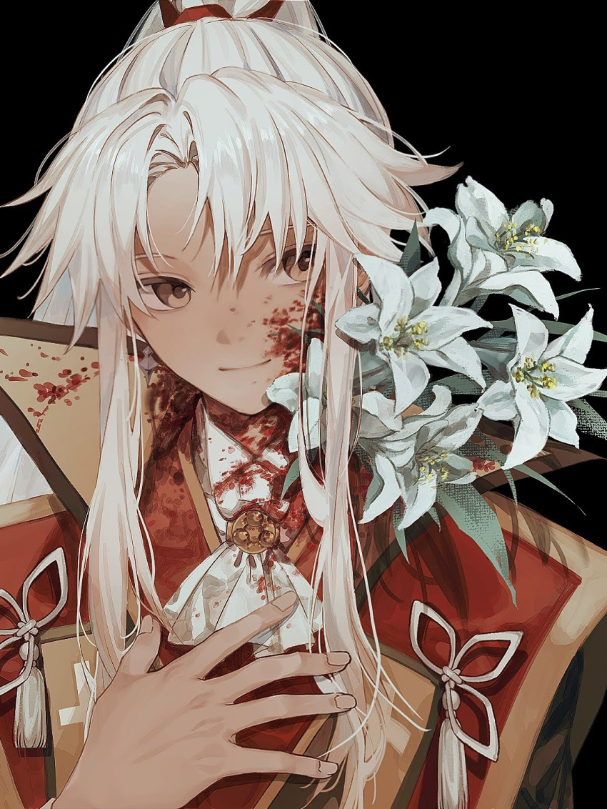 1boy amakusa_shirou_(fate) amakusa_shirou_(third_ascension)_(fate) ascot black_background blood blood_on_clothes blood_on_face cross_print earrings fate/apocrypha fate/grand_order fate_(series) flower highres japanese_clothes jewelry jinbaori long_hair male_focus simple_background smile solo sunanogimo toned toned_male upper_body white_ascot white_flower white_hair yellow_eyes
