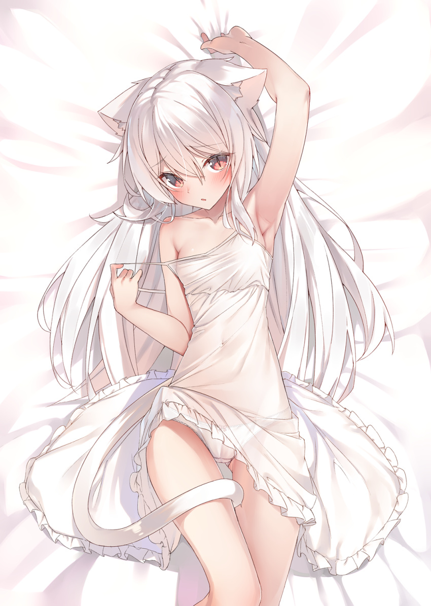 1girl animal_ear_fluff animal_ears arm_up armpits bed_sheet blush breasts cameltoe cat_ears cat_girl cat_tail covered_navel dress feet_out_of_frame highres long_hair looking_at_viewer lying on_back open_mouth orange_eyes original panties shiro_youduki sidelocks slit_pupils small_breasts solo strap_pull sundress tail thighs underwear white_hair white_panties