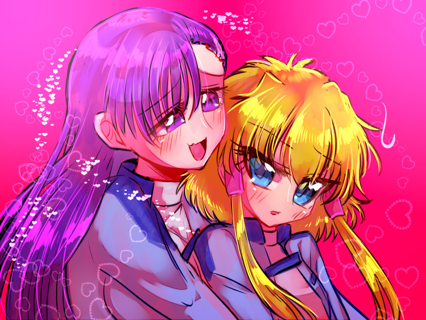 2girls blonde_hair blue_eyes blue_jacket blush breasts hair_behind_ear hair_tubes heart highres hug hug_from_behind jacket lavinia_liberus looking_back medium_breasts multiple_girls open_mouth pink_background purple_eyes purple_hair sara_werec shippuu_jinnari short_hair_with_long_locks smile soukou_no_strain sweater white_sweater yuri